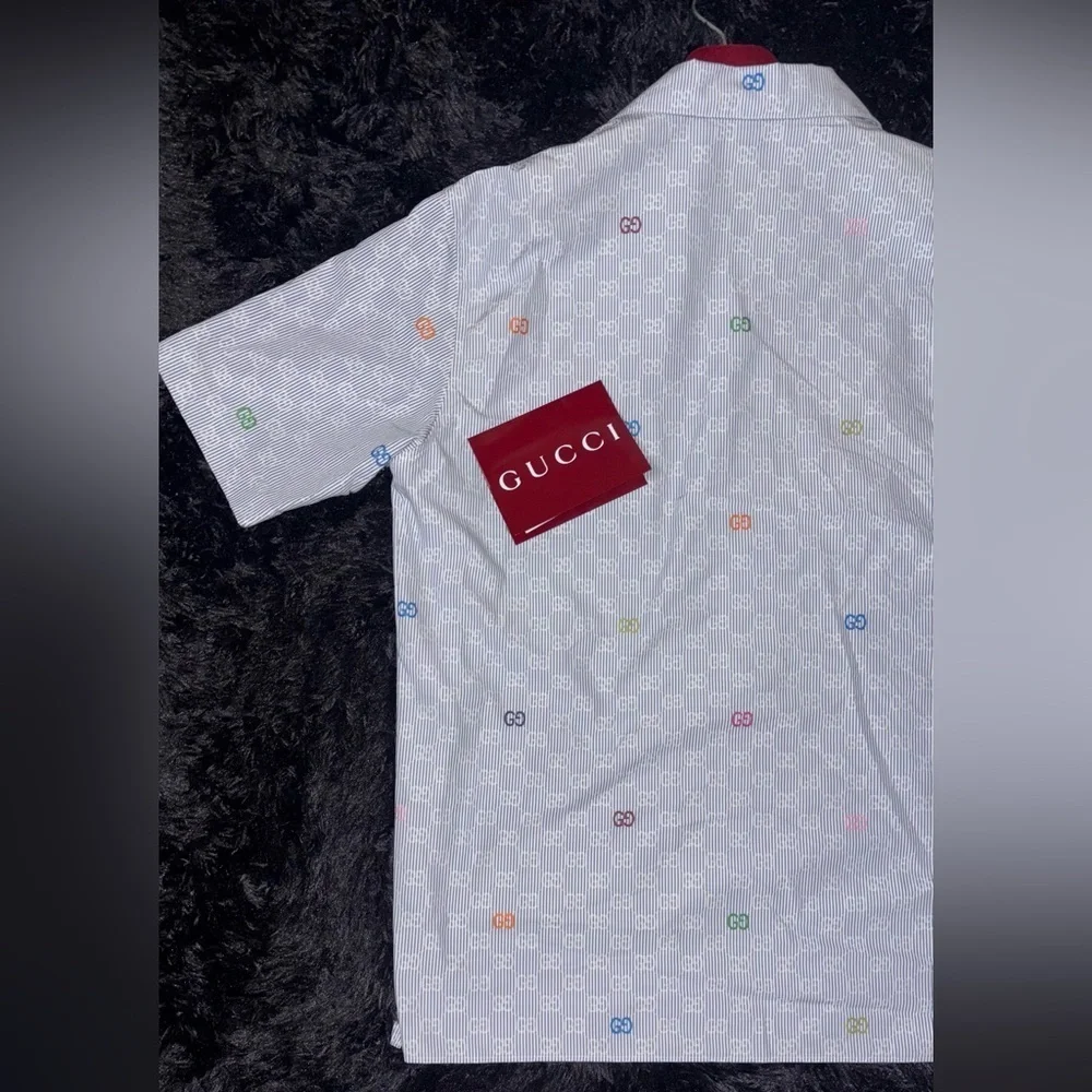 Gucci Blue Striped Short Sleeves Cotton Bowling Shirt